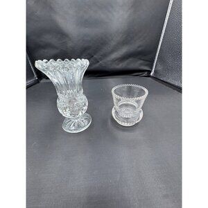 Vintage Pressed Crystal Bud Vase + Pressed Glass Toothpick Holder – Clear Glass